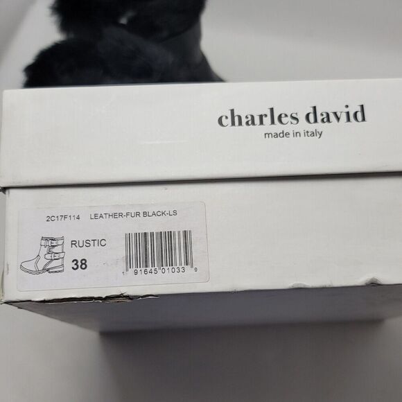 Charles David Reno Black Leather Faux Fur Buckle Side Zip Mid Ankle Boots Sz 38 - Picture 3 of 14